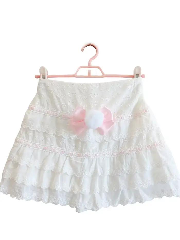 Jupes blanches pour filles adorables, décorées de fleurs brodées, avec un nœud, taille élastique, jupes courtes en coton à plusieurs couches, mignonnes, pour femmes