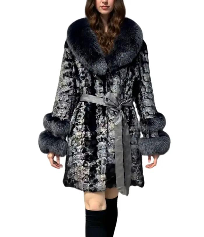 Manteau en fourrure de vison véritable pour femmes, veste avec col en fourrure de renard, pardessus Long élégant de luxe