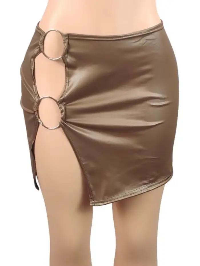 Mini jupe en simili cuir PU pour femmes, anneau métallique, fente latérale, taille haute, Slim, Vintage, moulante, fête en Club