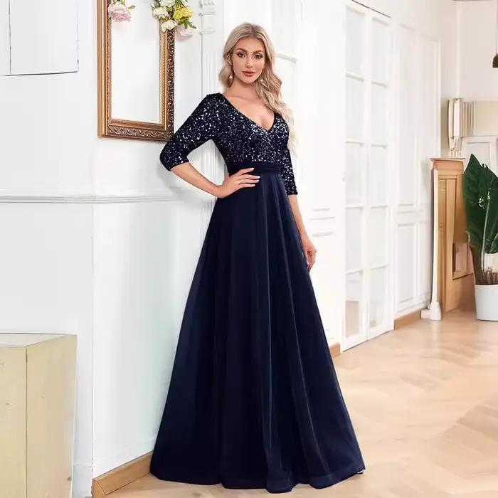Robes de soirée en mousseline de soie pour femmes, manches mi-longues, robe de soirée trapèze, robes à lacets dans le dos