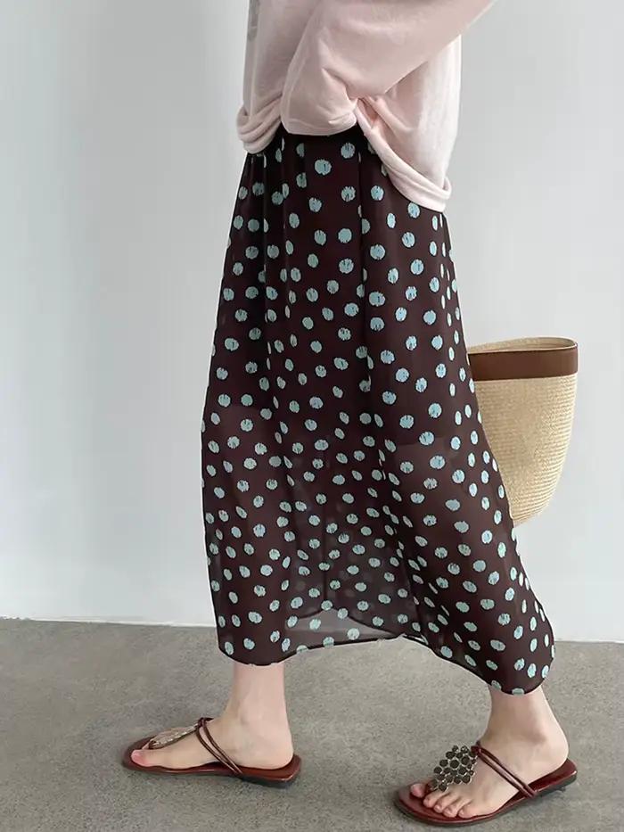[EAM] Jupe mi-longue trapèze en mousseline à pois verts, taille haute élastique, fente arrière, pour femme, nouvelle collection Printemps-Été 2026, 1DJ8180