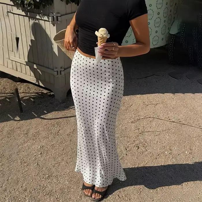 Jupes longues à pois pour femme, jupe midi superposée en satin, jupe plissée d'été pour femme, jupe crayon taille haute pour femme