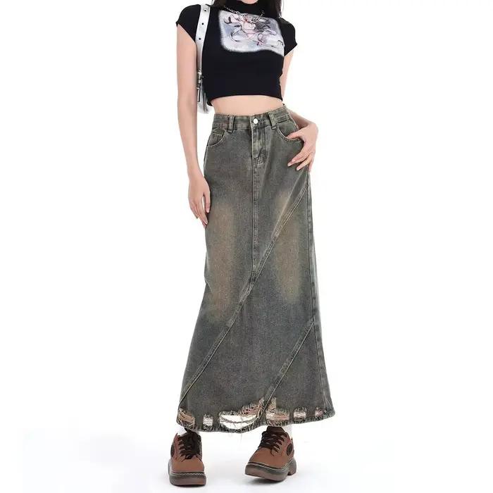 Jupe en jean taille haute rétro pour femmes