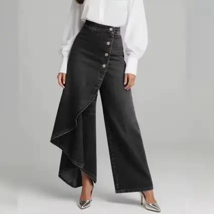 Jupe-culotte en jean pour femme, style vintage, avec boutons, coupe large, taille haute irrégulière, pantalon droit, élégant, avec empiècements, pour l'été