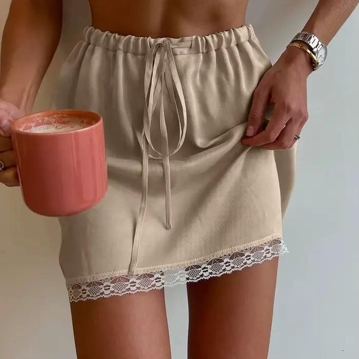 Linad élégant abricot dentelle cordon jupes femme rue Chic solide Satin Mini jupe été mode taille haute