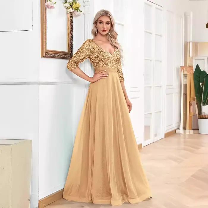 Robes de soirée en mousseline de soie pour femmes, manches mi-longues, robe de soirée trapèze, robes à lacets dans le dos