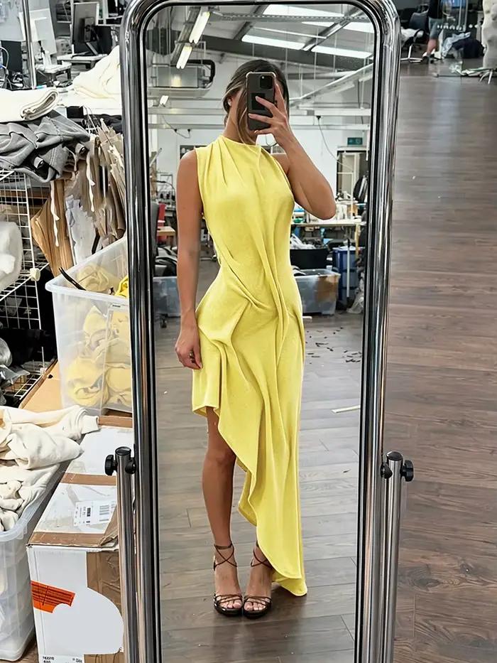 Nibber dos nu longue robe femme froncé élégant été tendance o-cou sans manches sexy ourlet irrégulier soirée bal