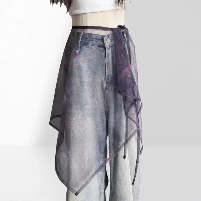 Jupe longue en dentelle taille haute transparente Y2K Streetwear avec cordon de serrage