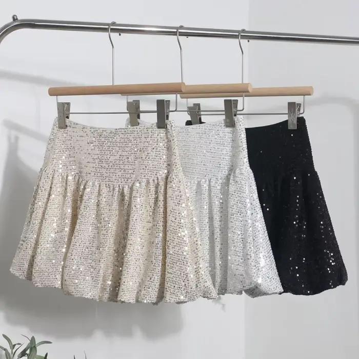 Nouvelle jupe courte trapèze à sequins pour femme, été 2026, sexy, élégante et amincissante