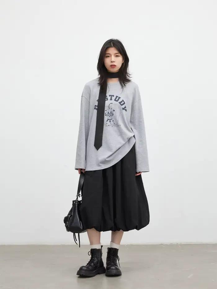 Jupe coréenne chic pour femme, noire, ample, décontractée, taille élastique, motif fleur, mi-longue, bouffante, pour fille, printemps-été 2026