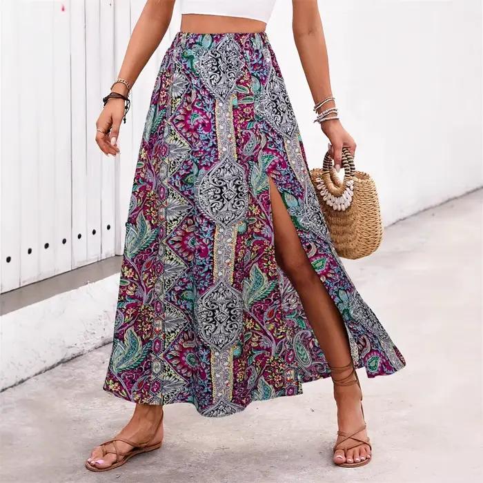 Bohème Boho rétro imprimé fleuri jupes femmes Indie Folk été taille haute a-ligne plissée