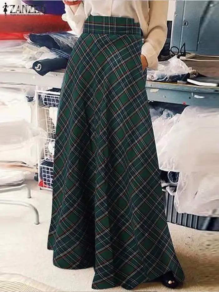 Mode femmes à carreaux Jupe longue Vintage automne Robe d'été ZANZEA décontracté taille haute a-ligne Faldas Saia ample