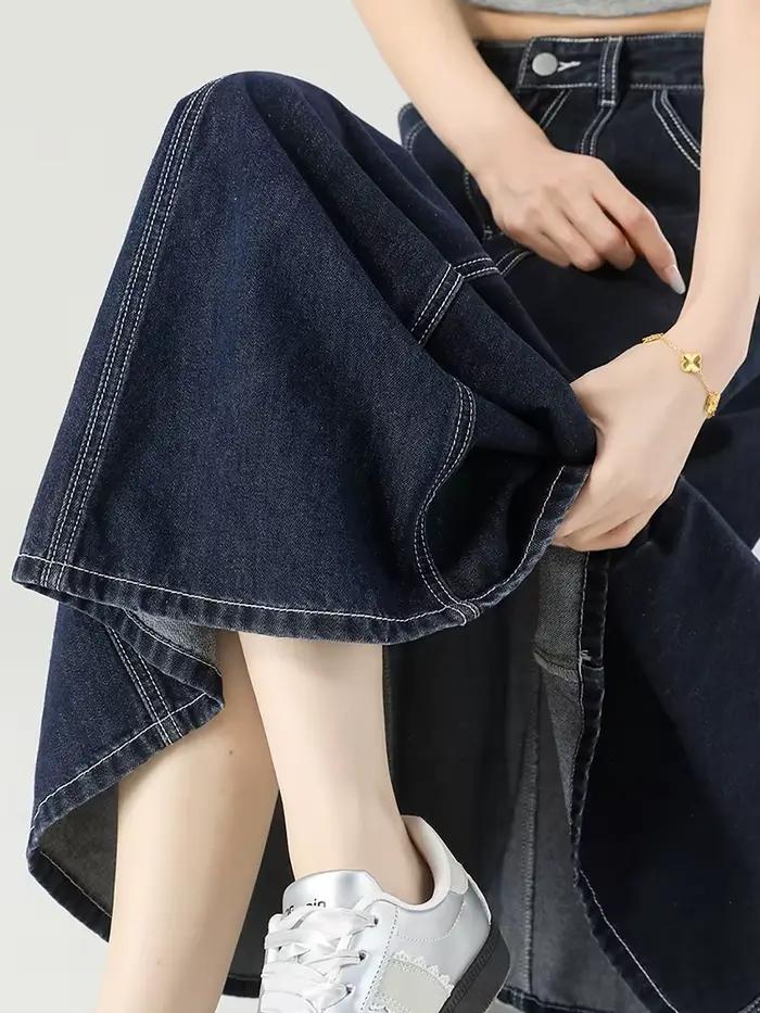 GUUZYUVIZ bleu profond taille haute Vintage a-ligne Denim Midi jupes femmes mode coréenne décontracté épissure lavage jean jupe femme