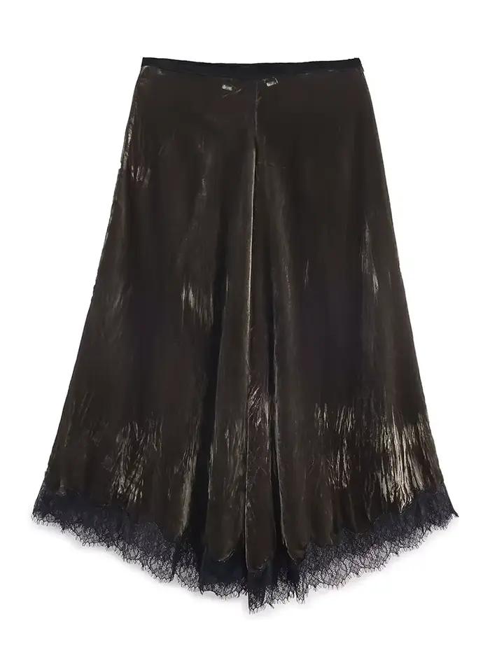 HH femmes mode velours plissé décoration dentelle jupe longue automne femme taille haute côté fermeture éclair