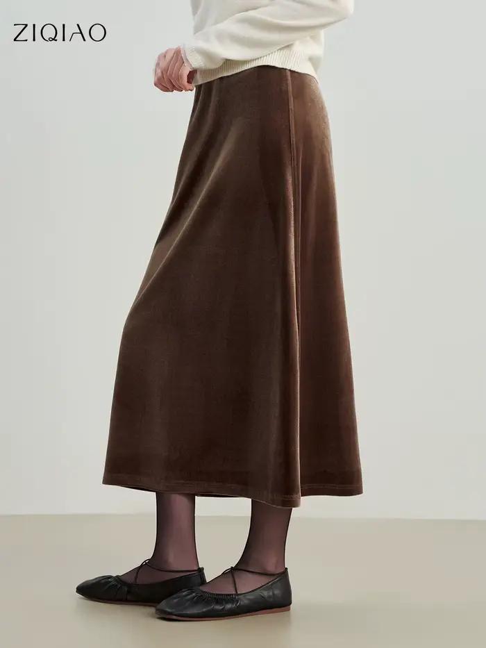 ZIQIAO Style français noir velours a-ligne jupe Midi pour les femmes 2025 automne hiver nouveau haut de gamme sens ourlet Long Semi-jupe élégante