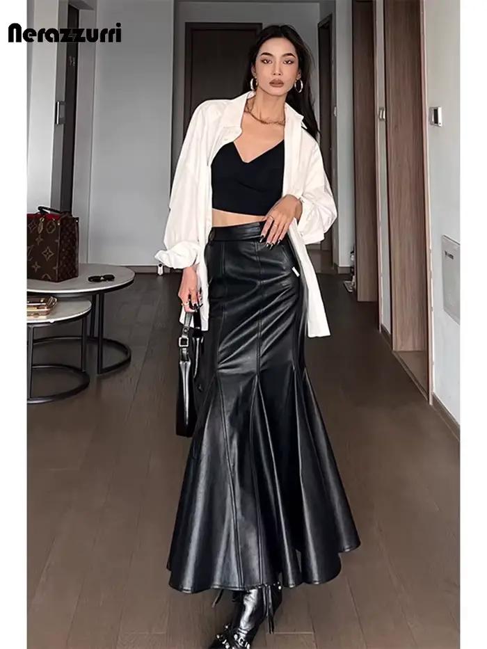 Lautaro printemps Chic élégant noir doux Pu cuir Midi sirène trompette jupe femmes taille haute Extra longue luxe élégant vêtements