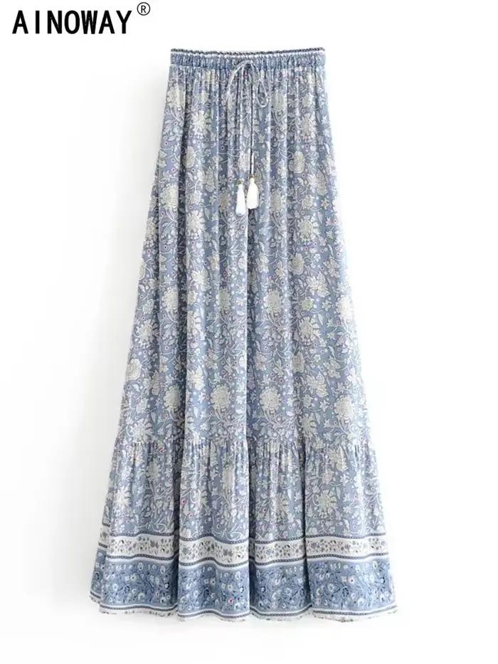 Vintage Chic mode femmes Hippie plage bohème imprimé floral jupes taille haute Maxi a-ligne Boho jupe Femme