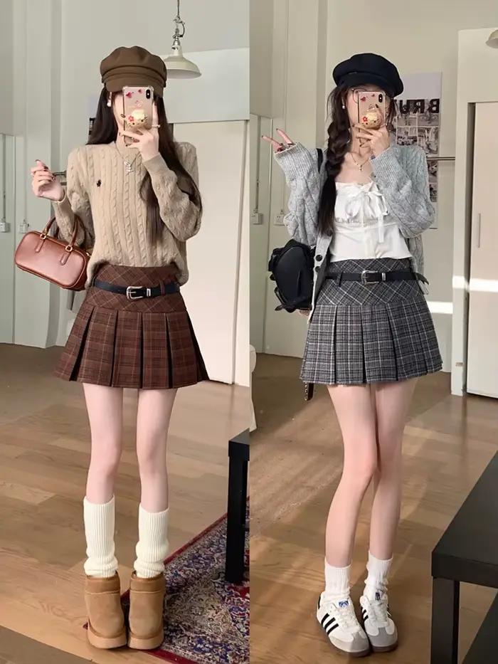 Style coréen hiver laine Kawaii Mini jupes femmes mode Y2K Streetwear Tartan plissé jupe à carreaux taille haute a-ligne