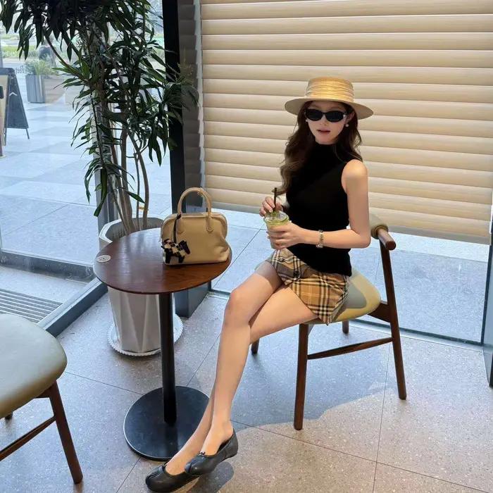 Mini-jupe plissée kaki à carreaux décontractée pour femmes, jupe courte d'été élégante en coton, coupe trapèze pour diverses occasions d'été