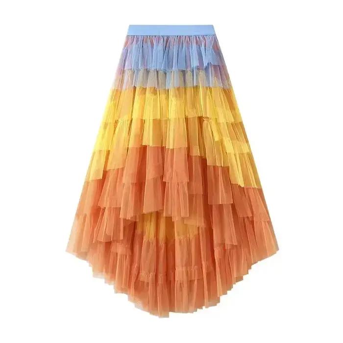 Jupe en tulle aux volants arc-en-ciel pour femmes, style décontracté, coupe ample, longueur jupe, occasion gala, soirée festive