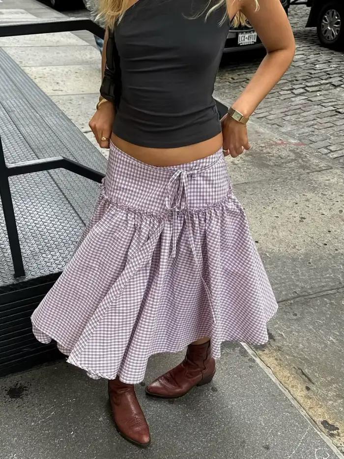Jupe mi-longue à carreaux taille basse pour femmes