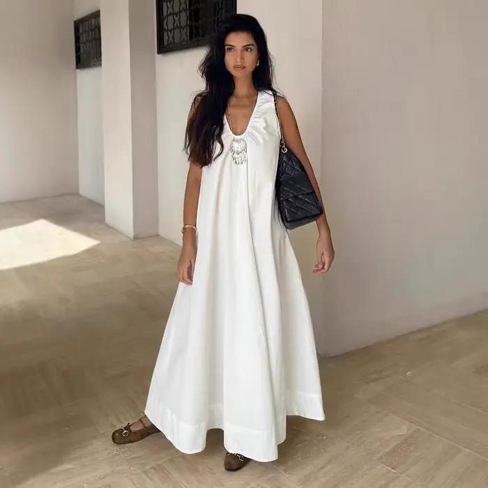 Robe longue décontractée et élégante en lin sans manches pour femme