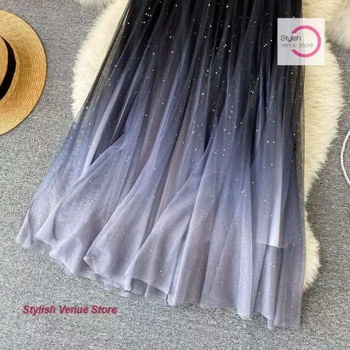 Jupe en gaze dégradée de ciel étoilé français pour femme, nouvelle mode printemps et été, taille haute, jupe plissée en mousseline de soie à paillettes