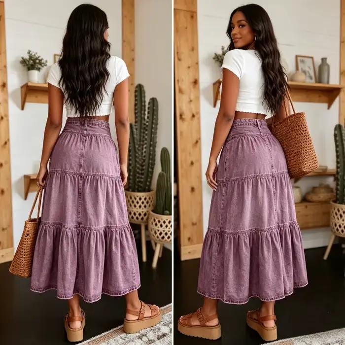 Jupe longue femme vintage en jean superposée style gâteau