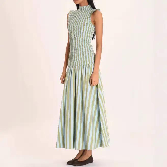 Robe longue de vacances à col semi-montant, sans manches, drapée, style bohème, élégante, taille haute, coupe ajustée, pour soirée