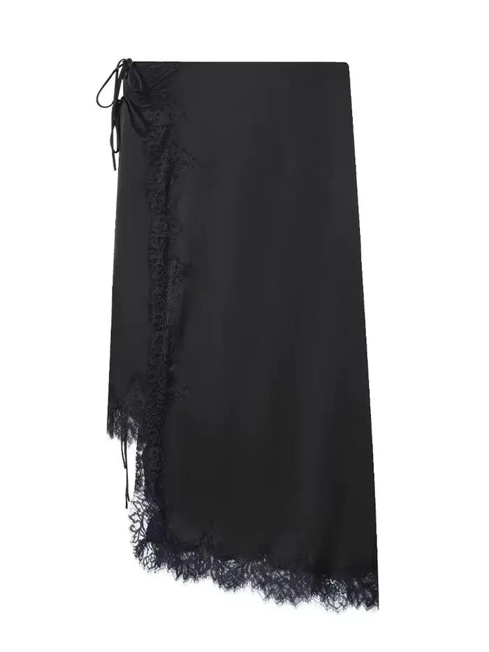 HH femmes mode polyvalent noir dentelle Satin jupe femme taille moyenne tempérament mince fermeture éclair nœud à