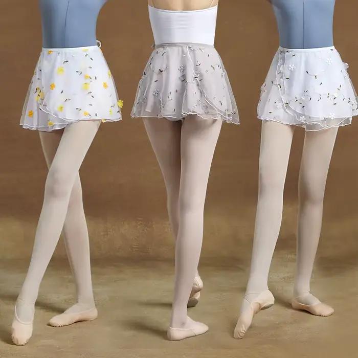 Jupes de danse de ballet pour femmes, broderie florale, mini jupes enveloppantes courtes, jupes de danse à lacets, 2 couches, jupes de performance de danse pour adultes