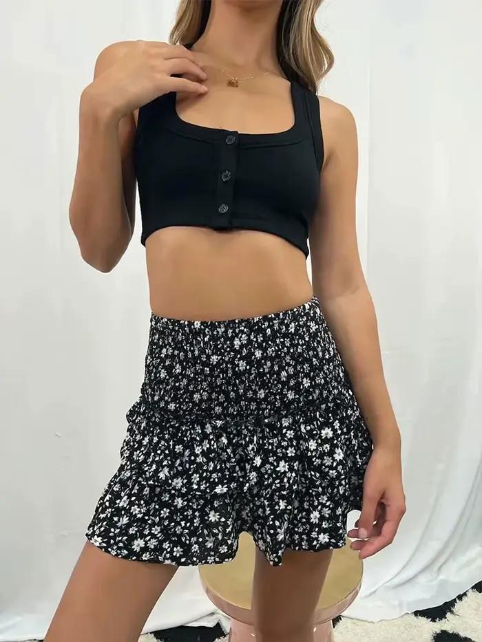 Mini jupe plissée à fleurs mi-longues pour femmes