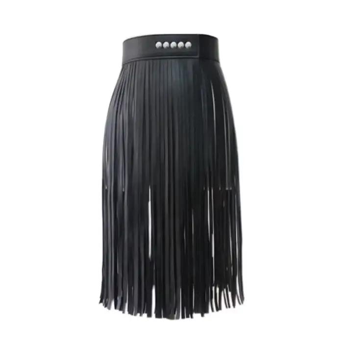 Jupe longue à franges et pompons en similicuir, taille haute, ajustable, style punk rock bohème, avec ceinture, pour tenue de club