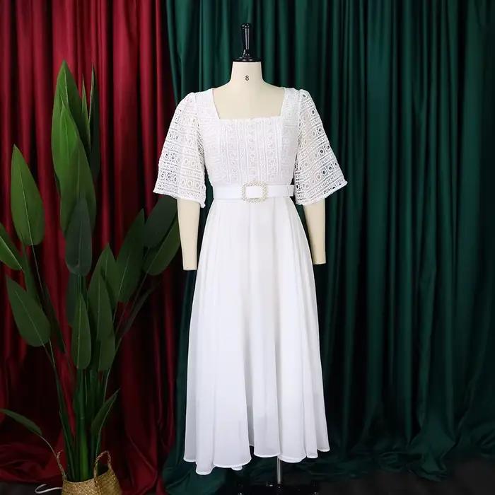 Robe blanche femmes fête longues robes volants dentelle mousseline de soie taille haute 2025 été fête de mariage robes élégant Vintage en vrac
