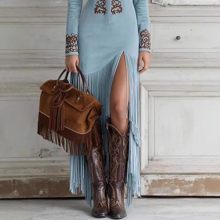 Robe longue à fermeture éclair de style ethnique rétro pour femme, jupe midi, tenue décontractée pour le travail, la danse, les soirées, la ville et les trajets quotidiens