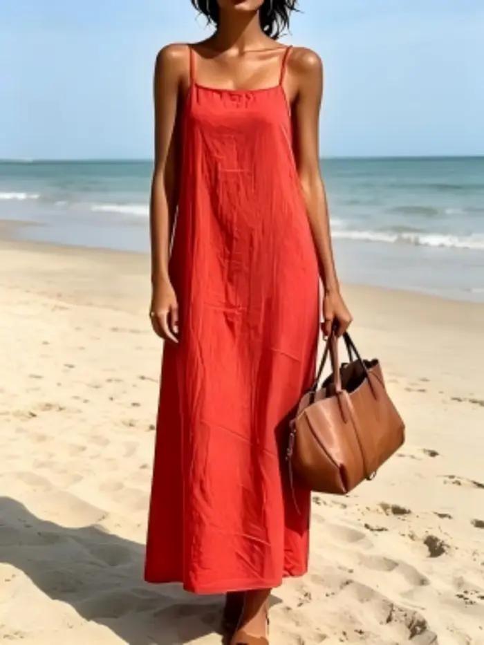 Robe longue droite à fines bretelles en lin rouge pour femme, robe d'été sophistiquée amincissante pour les vacances à la plage