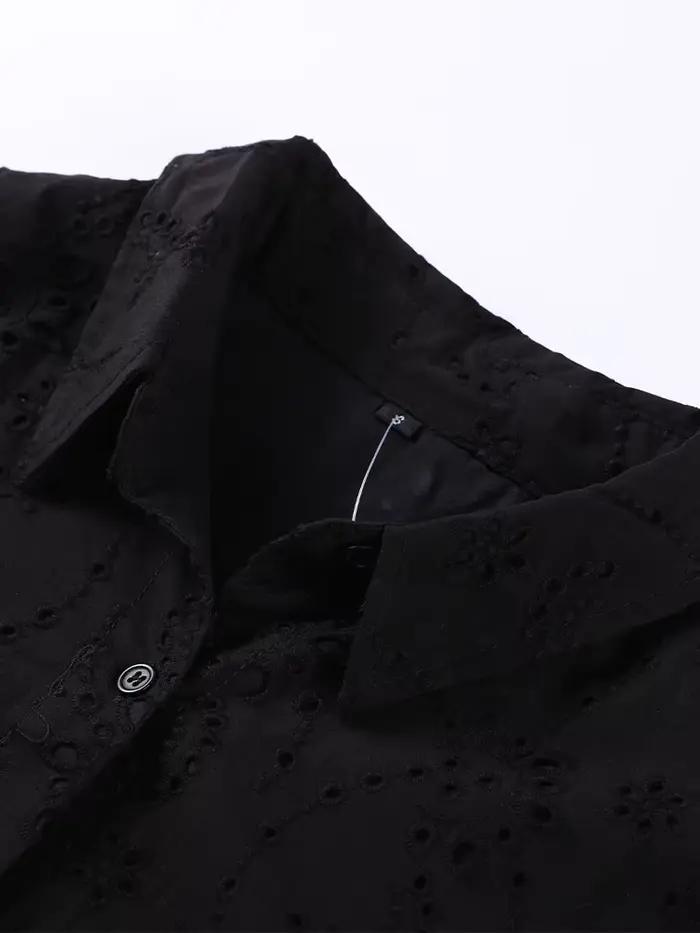Robe longue élégante noire pour femme avec lacets, manches courtes, poches, ceinture et col rabattu – Collection été 2026 – Coupe ajustée