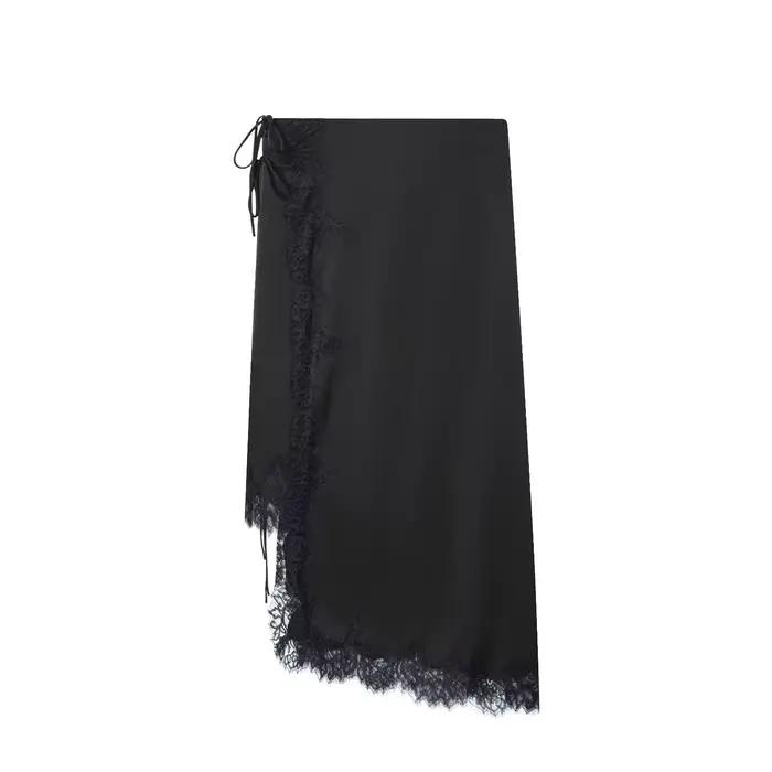 BSAY dentelle Satin asymétrie jupe femmes mode automne hiver côté zip noir Chic femme taille haute élégant longues jupes mi-longues Mujer