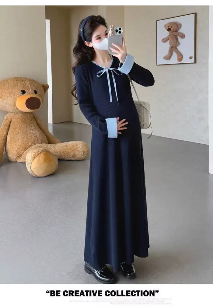 Robe de maternité printemps-automne, style preppy, mignonne, douce, polyvalente, confortable, à manches longues, en tricot, pour femmes enceintes