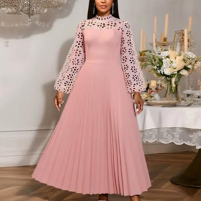 Robe longue plissée en dentelle Patchwork rose, col rond, manches lanternes, élégante, décontractée, tenue de bureau, longueur cheville