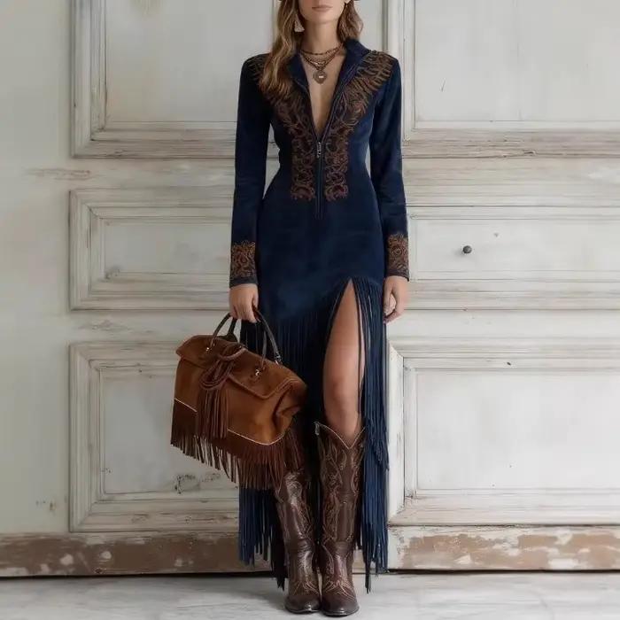 Robe longue à fermeture éclair de style ethnique rétro pour femme, jupe midi, tenue décontractée pour le travail, la danse, les soirées, la ville et les trajets quotidiens