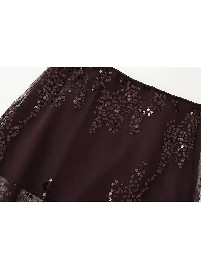 HH femmes mode été jupes solide taille haute brodé paillettes décoration fermeture éclair gaze jupe femme Sexy mince jupes longues