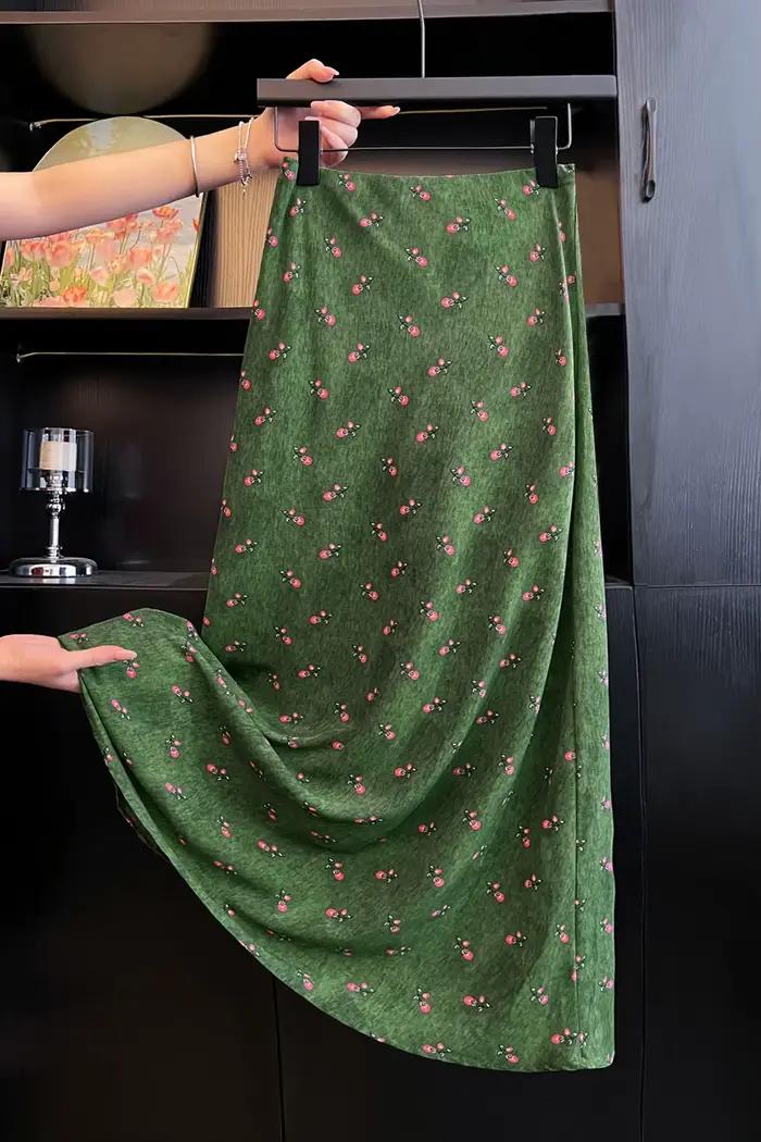 Jupe sirène mi-longue Seoulish imprimé cerises et motifs floraux taille haute élégante pour vacances et occasions spéciales polyester ajustement amincissant silhouette féminine