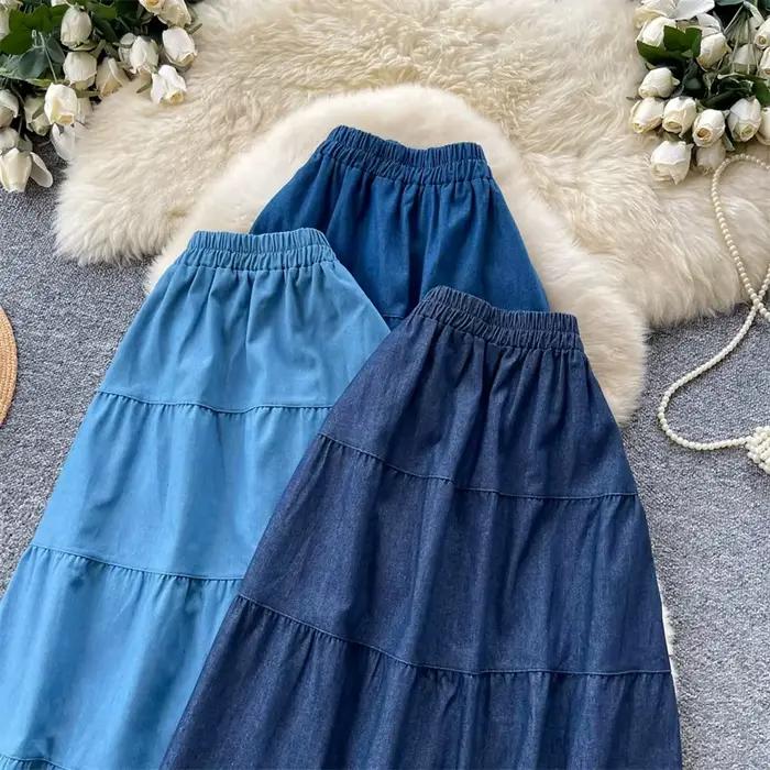 Jupe longue en jean décontractée avec volants superposés pour femme style vintage pour plage et quotidien