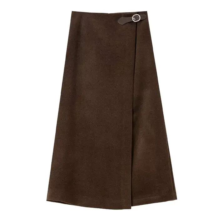 Jupe mi-longue marron portefeuille VIMLY pour femme