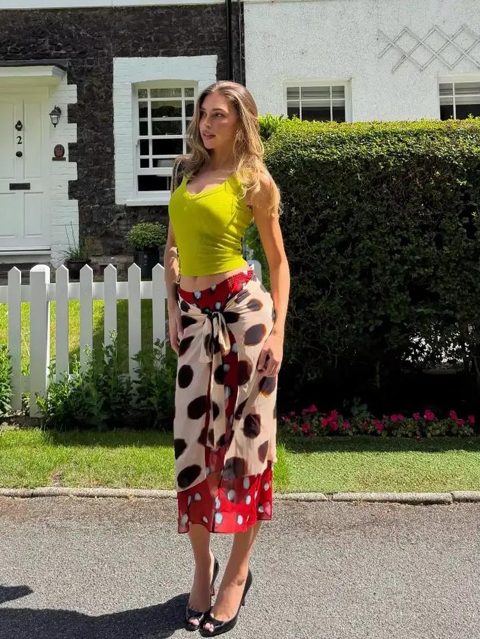 Jupe portefeuille chic rétro à pois bicolore pour femme, taille haute en mousseline, élégante jupe midi décontractée pour l'été et le streetwear