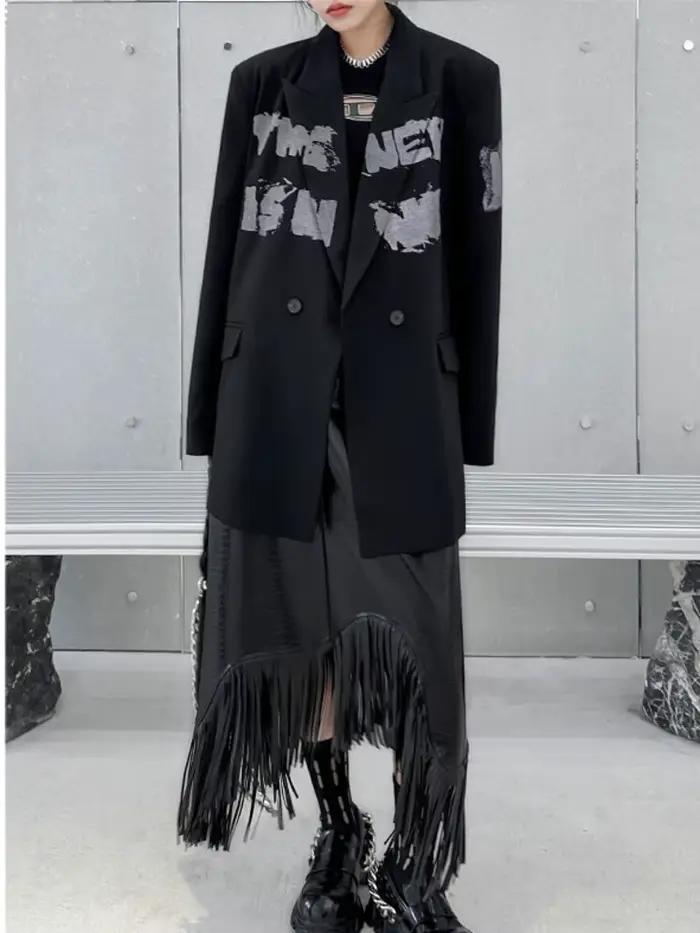 [EWQ] taille élastique jupe à franges noir à la mode vêtements pour femmes élégant
