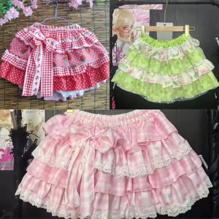 Mini-jupe Kawaii pour femmes, style japonais et coréen, Y2K, Sweet Lolita, jupe à volants effet gâteau, avec nœud mignon imprimé, taille haute, mode