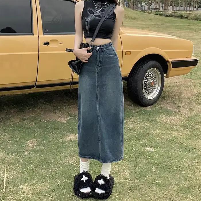 Jupe longue en jean fendue pour femme