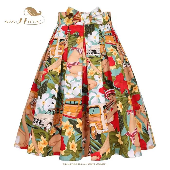 SISHION voiture et filles imprimé fleuri été jupe plissée avec nœud SS0012 taille haute Vintage coton femmes jupe avec poches